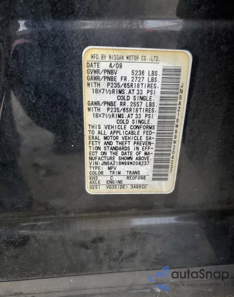 2009 Nissan Murano S z USA, uszkodzony, nr VIN JN8AZ18W99W204237